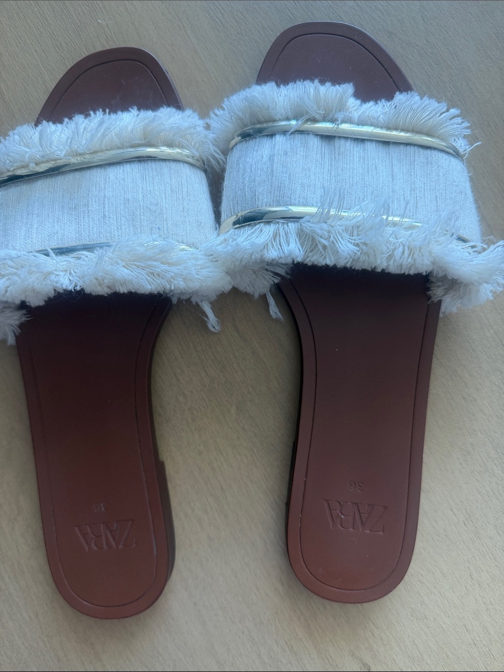 Zara White Fringed Strap Slide Sandals with Metallic Trim